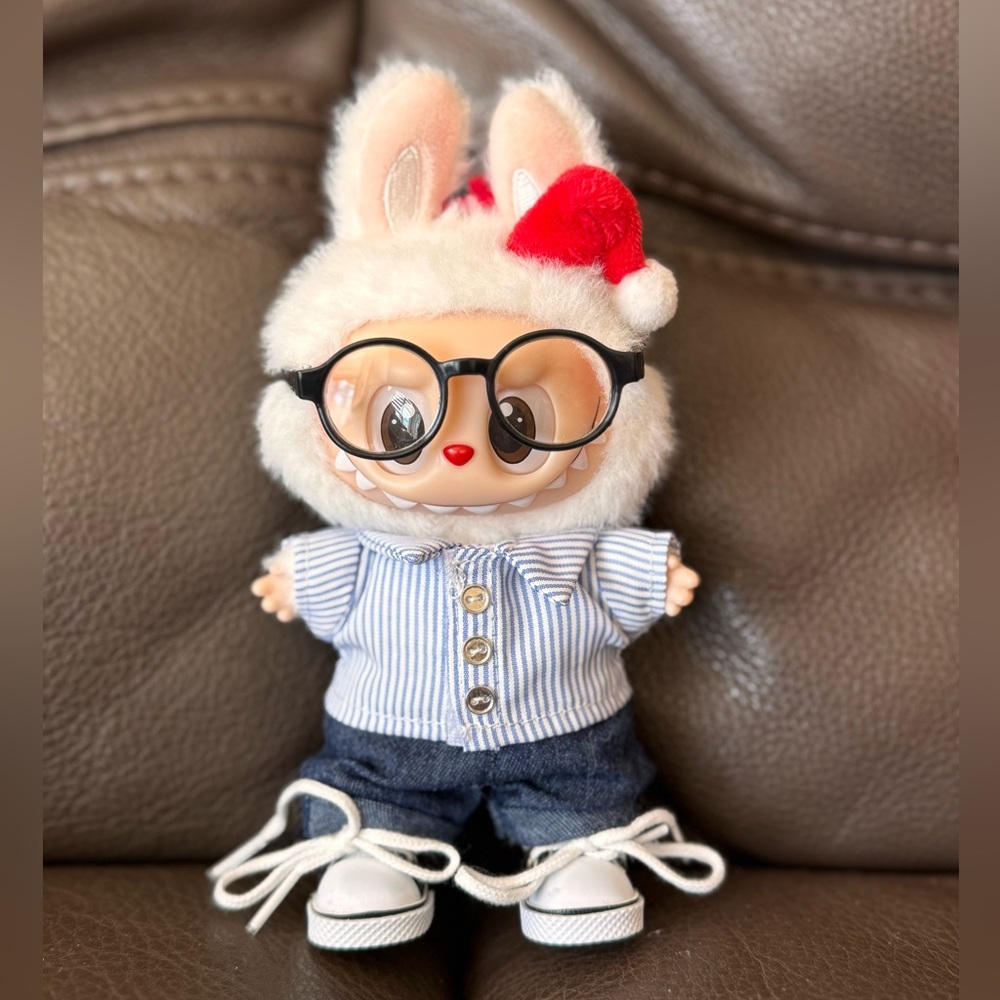 Labubu clothing set, glasses, striped shirt, jean pants and sneakers